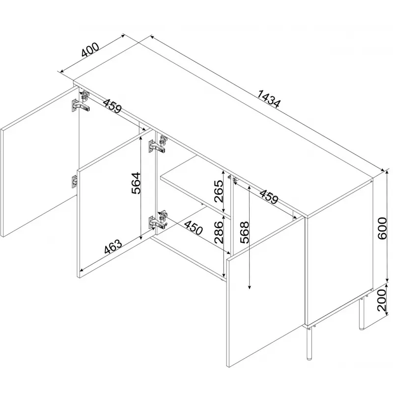 Kumode INSERTO 3D 143.5×40×80 cm melna ar LED, skaidu plātne, 16 mm rāmis