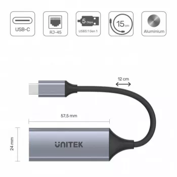 Tīkla karte Unitek U1312A, IEEE 802.3, Pelēka, 0.5 m kabelis