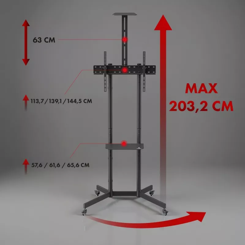 Maclean TV statīvs/ratiņi, kameras plaukts, uz riteņiem, 37-70 inch, max slodze 45kg/5kg plaukts, max. VESA 600x400, MC-113 B