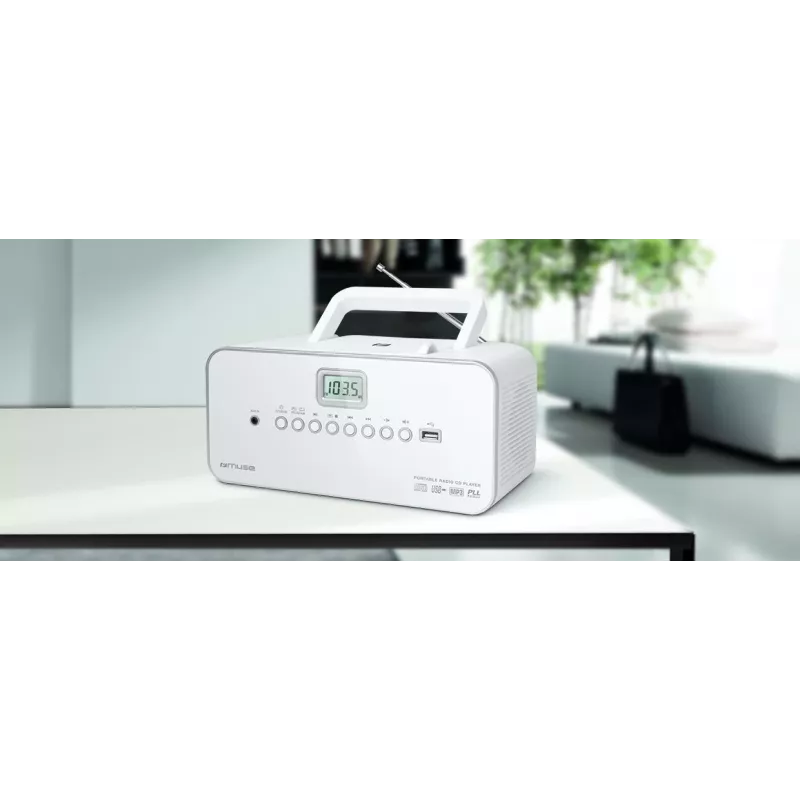 Pārnēsājama stereo sistēma Muse M-28RDW — CD/MP3 atskaņotājs, FM/MW uztvērējs, 3W RMS, balta, 1.4 kg