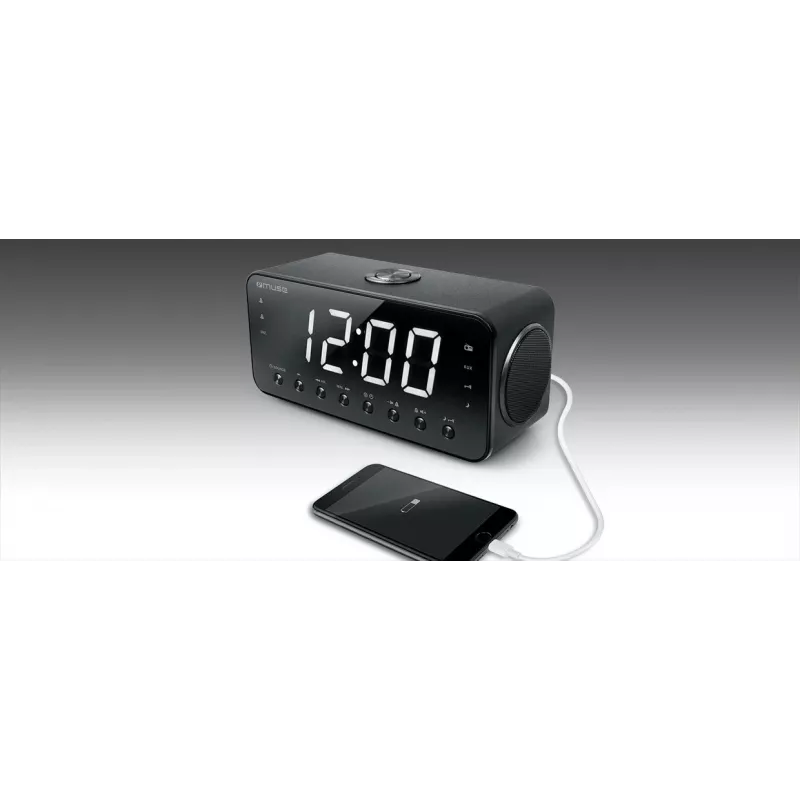 Modinātājs ar radio Muse M-192 CR — digitālais pulkstenis, FM uztvērējs, 1,8 collu LED displejs, melns koks, AC 100–240V, AAA rezerves