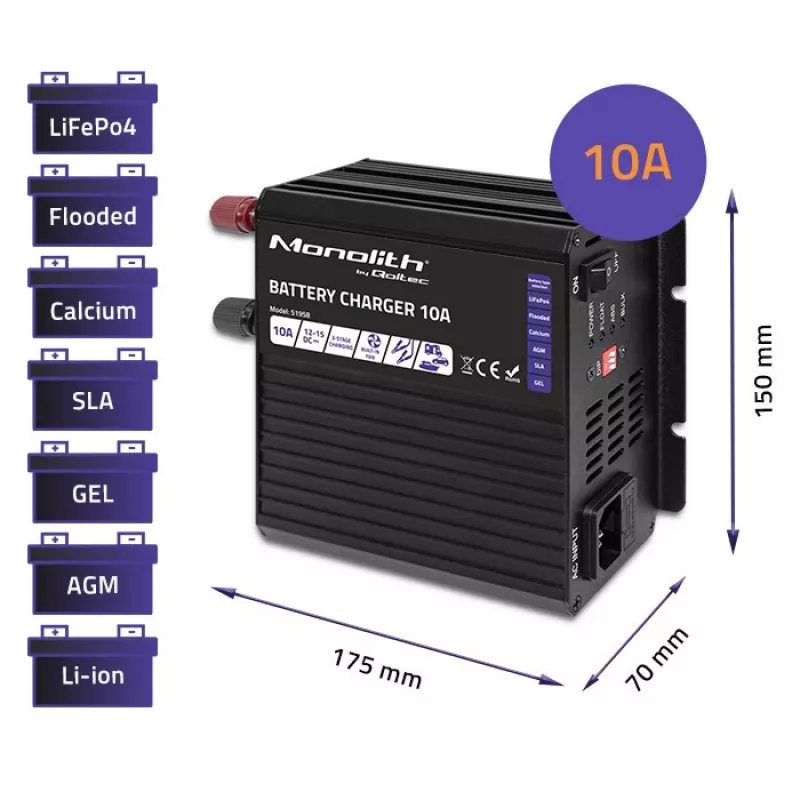 Qoltec Smart Monolith akumulatoru lādētājs LiFePO4 AGM GEL SLA | 10A | 12V