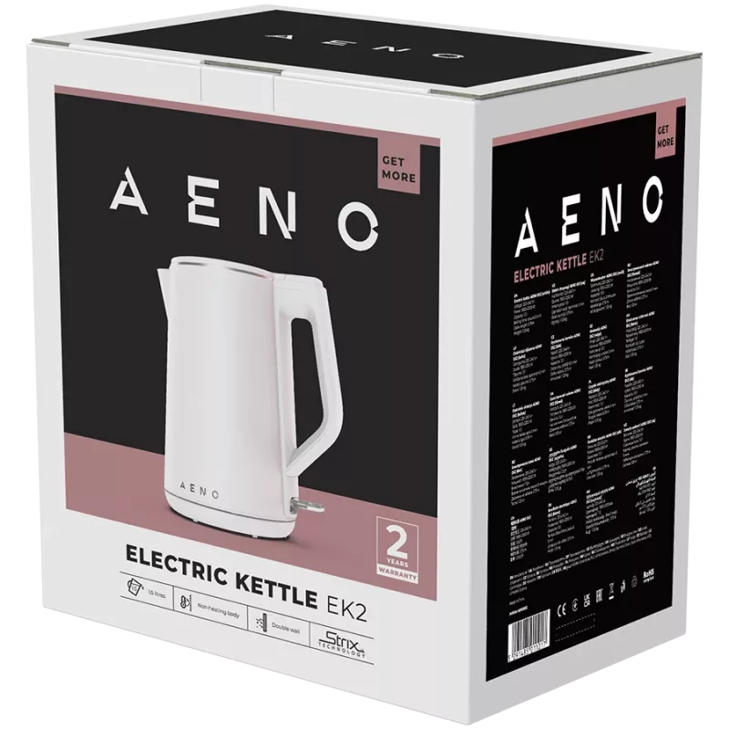 AENO Elektriskā tējkanna EK2: 1850-2200W, 1,5L, Strix, dubultās sienas, neuzkarsējošs korpuss, automātiska izslēgšanās, aizsardzība pret sauso vārīšanu