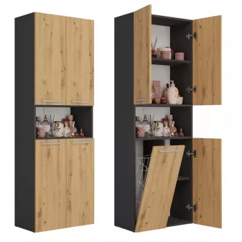 Vannas istabas skapis Top e Shop NEL 1K DK ANT/ART KP — Grafīts/Ozols, brīvi stāvošs, 5 plaukti, 600×300×1740 mm