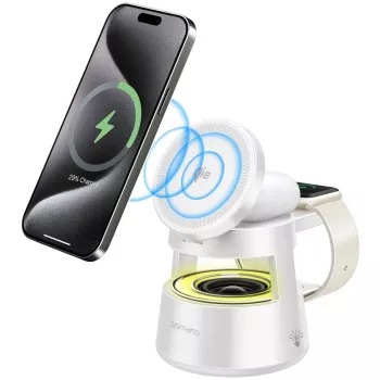 Bezvadu lādētājs 4smarts Qi2 Aura Sound Balts – Qi2 ātra bezvadu uzlāde ar iebūvētu skaļruni