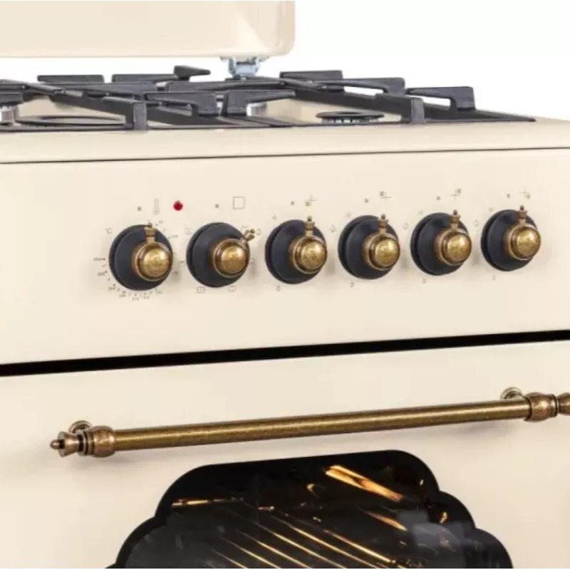 Gāzes-elektriskā plīts MPM MPM-56-KRM-14, 56 cm, 4 gāzes degļi, elektriskā cepeškrāsns, krēmkrāsa