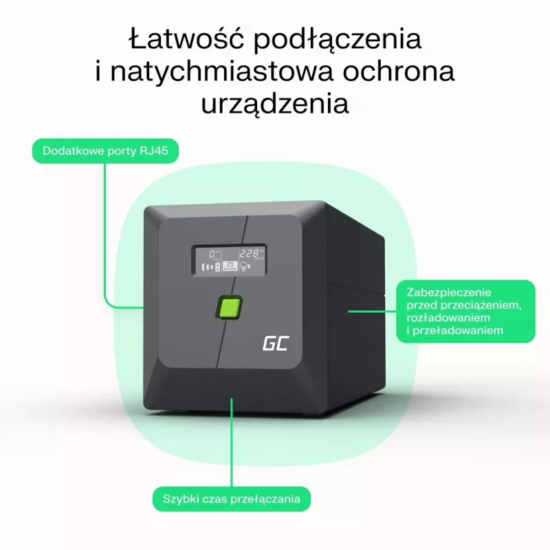 Nepārtrauktās barošanas avots UPS Line-Interactive 2 kVA 1200 W, Green Cell, 4 AC kontaktligzdas, USB, 12 V 9 Ah VRLA (torņa)