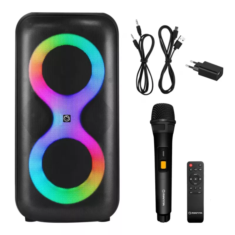 Pārnēsājams mūzikas centrs MANTA SPK0401B100 Bluetooth skaļrunis, 100 W maksimālā jauda, FM radio, karaoke, iebūvēts akumulators, X-BASS