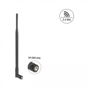 Omni-virziena WiFi antena DELOCK 2.4 GHz RP‑SMA spraudnis 7 dBi ar šarnīru, melna, 290 mm