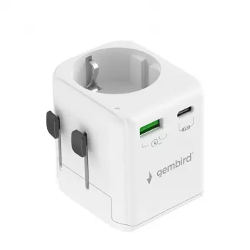 Ceļojuma barošanas adapteris GEMBIRD TPA-EU1A1C20-01-W 20W, USB-A 18W + USB-C 20W, Schuko kontaktligzda, ieeja 100–250V