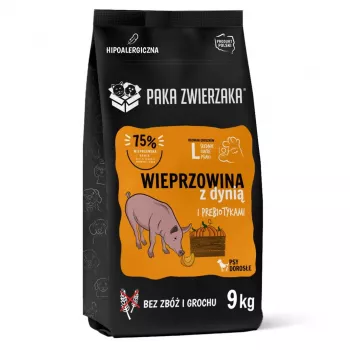 Sausā suņu barība PAKA ZWIERZAKA Cūkgaļa ar ķirbi L 9 kg — pieaugušiem lielo šķirņu suņiem, viena proteīna avots, 29% olbaltumvielu, 15% tauku