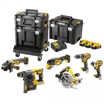 Bezvadu instrumentu komplekts DeWalt DCK685P3T 18V — 3×5.0 Ah akumulatori, DCH273 āmurs, leņķa slīpmašīna, futrālis