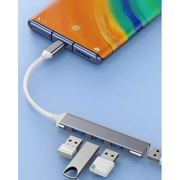 USB centrmezgls VAKOSS TC-4125X — 1× USB 3.0 Type-A, 3× USB 2.0 Type-A, savienojums: USB Type-C, sudraba