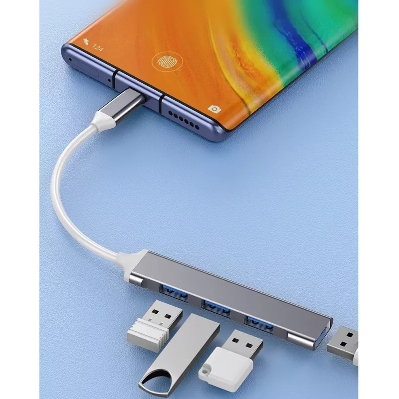 USB centrmezgls VAKOSS TC-4125X — 1× USB 3.0 Type-A, 3× USB 2.0 Type-A, savienojums: USB Type-C, sudraba