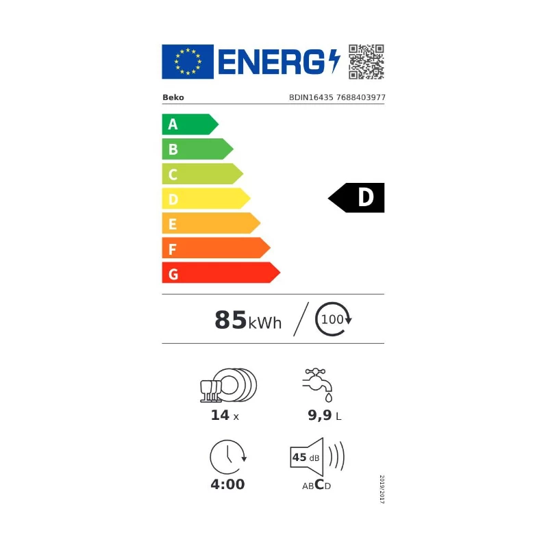 BEKO Iebūvējamā trauku mazgājamā mašīna BDIN16435, Energoklase D, SelfDry, LED spot