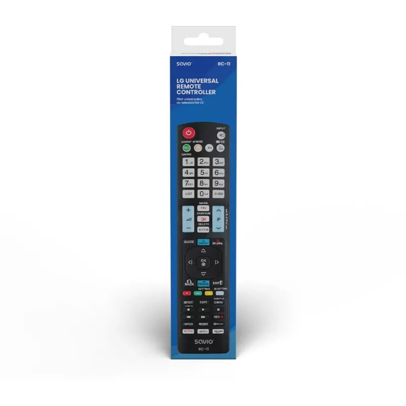 SAVIO RC-11 infrasarkanais tālvadības pults LG TV, melna, darbības rādiuss 10 m, atbalsta 1 ierīci