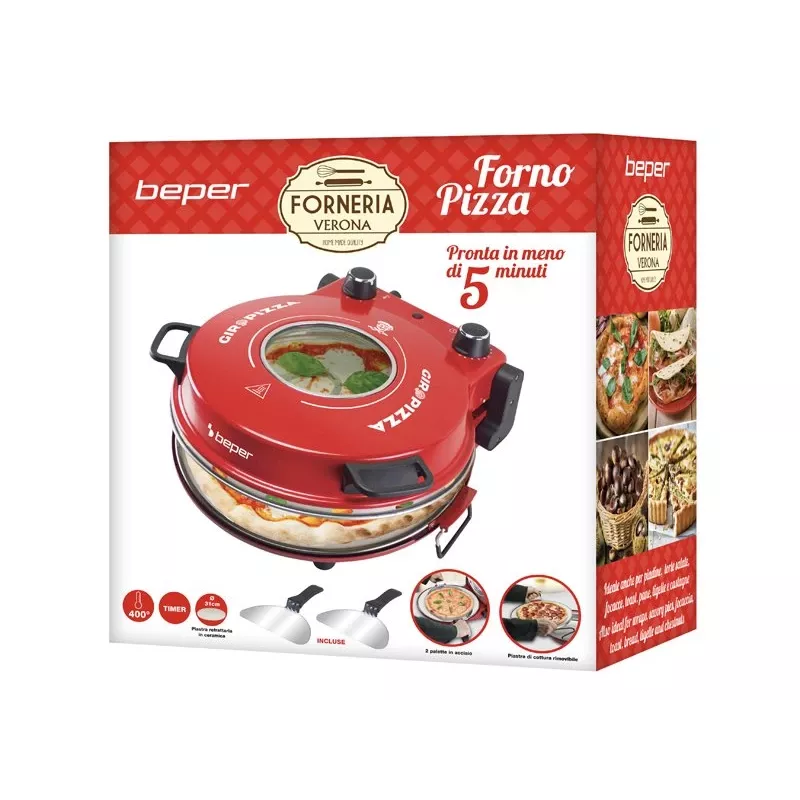 Beper P101CUD301 elektriskā picas krāsns, 1200 W, 400°C, 31 cm akmens cepšanas plātne, sarkana
