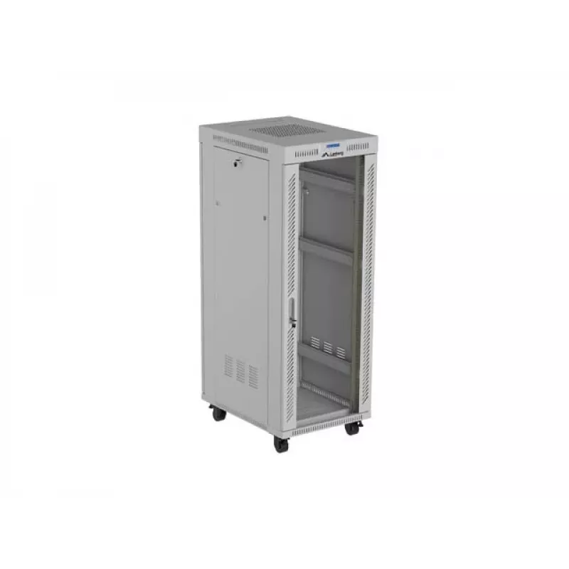 19 collu 32U LANBERG stāvošs skapis 600×800 mm pelēks ar stikla durvīm un LCD (Flat Pack)