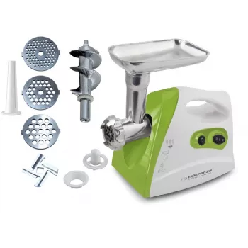 Gaļas maļamā mašīna ESPERANZA EKM012G — 600 W, nerūsējošā tērauda asmens, desu pildījuma uzgalis, kebbe veidotājs, reverss, neslīdošas kājiņas, balta/zaļa
