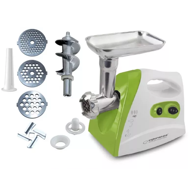 Gaļas maļamā mašīna ESPERANZA EKM012G — 600 W, nerūsējošā tērauda asmens, desu pildījuma uzgalis, kebbe veidotājs, reverss, neslīdošas kājiņas, balta/zaļa