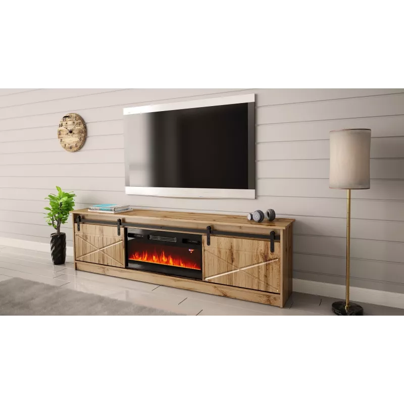 TV skapis Cama Meble GRANERO ar kamīna moduli, Wotan ozols, 2000×350×567 mm, 2 durvis, 2 plaukti