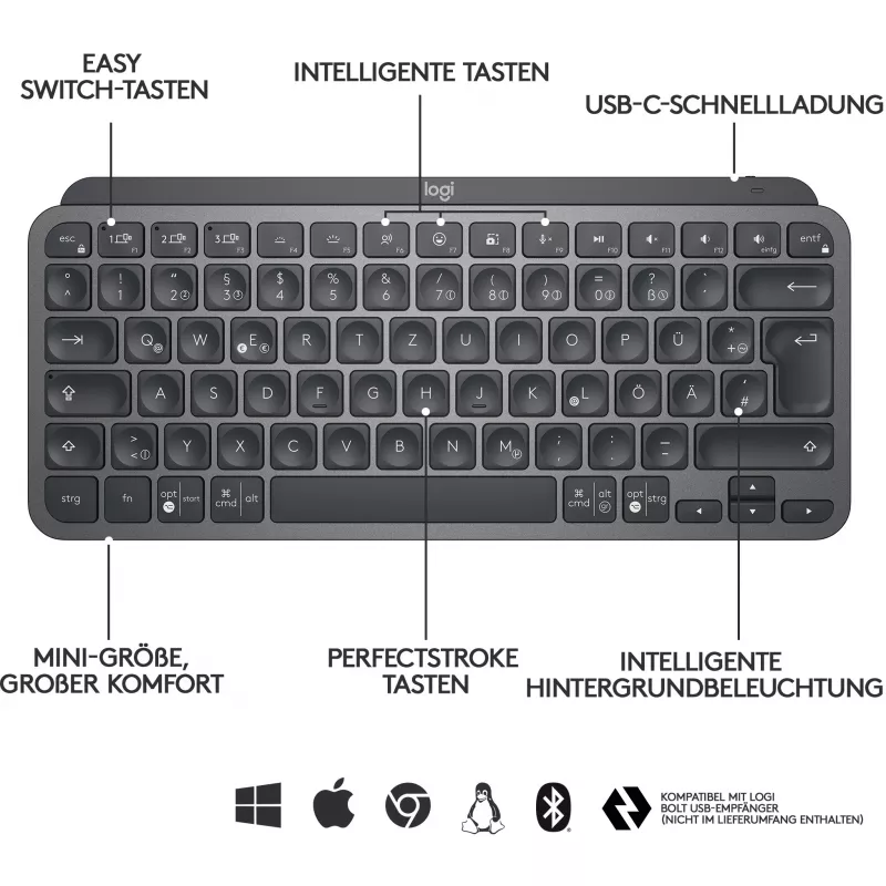 Logitech MX Keys Mini bezvadu izgaismota tastatūra grafīta - UK - starptautiska