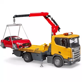 BRUDER Scania Super 560R – Ceļmalas palīdzības komplekts ar automašīnu Roadster