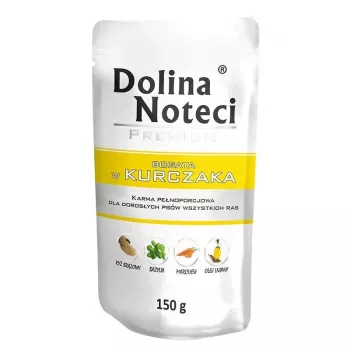 Slapjā suņu barība Dolina Noteci Premium — vista, 150 g paciņa, pieaugušiem suņiem, olbaltumvielas 11%, mitrums 76%
