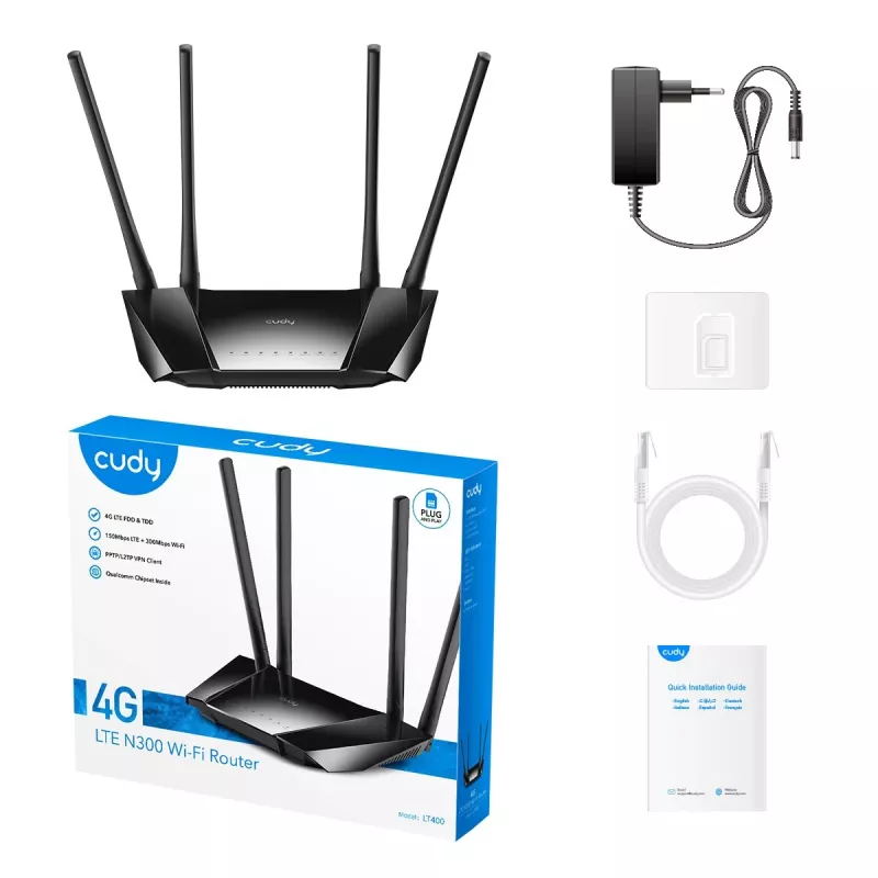 Cudy LT400 4G LTE bezvadu maršrutētājs, Fast Ethernet, vienas joslas (2.4 GHz), melns