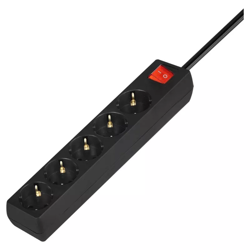 Pagarinātājs SAVIO LZ-15 — 5 Schuko kontaktligzdas, universālais spraudnis, 5 m kabelis, 2500 W, 10 A, melns