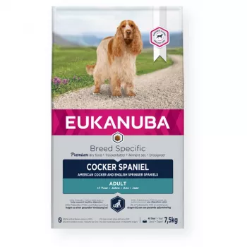 Sausā suņu barība EUKANUBA Breed Specific Cocker Spaniel 7,5 kg — Vistas gaļa, Pieaugušiem, Āda un kažoks, Sirds atbalsts