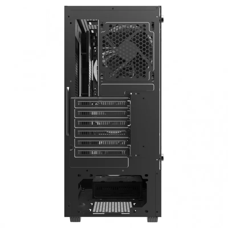 PC korpuss SAVIO Noctis Flow — Cube Mini-ITX/Micro-ATX/ATX, 3x120mm priekšā, 1x120mm aizmugurē, 2x3.5 collu + 3x2.5 collu sloti, rūdīts stikls