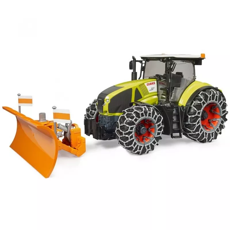 Traktors BRUDER Claas Axion 950 ar sniega ķēdēm un sniega lāpstu, mēroga modelis