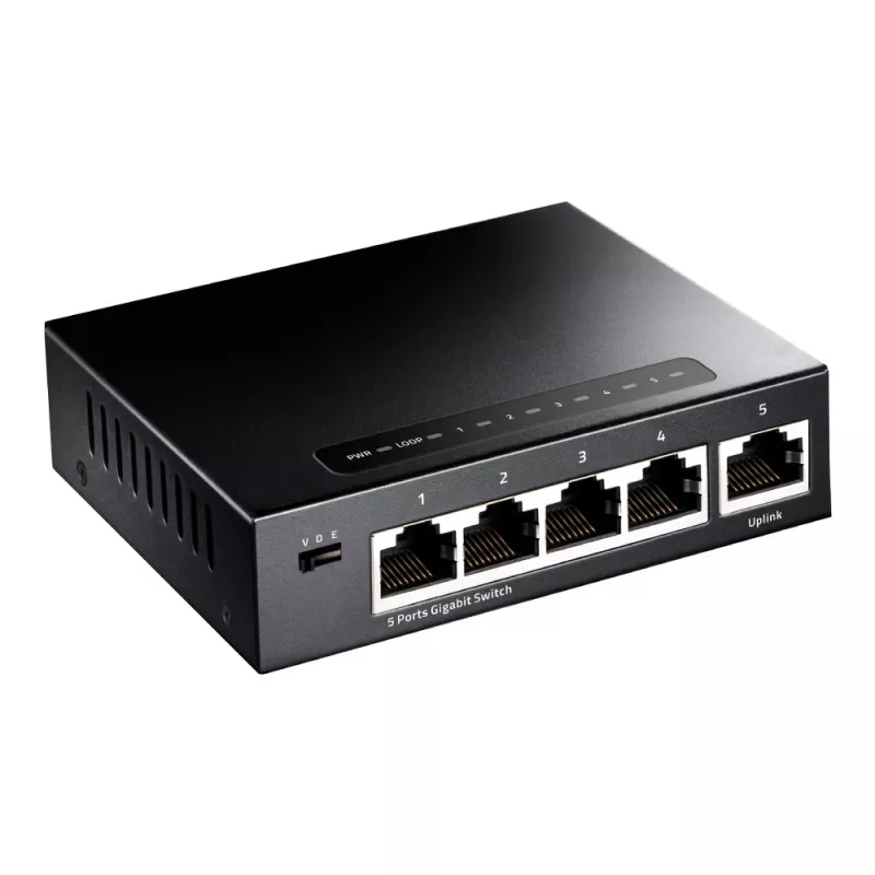 Tīkla slēdzis Cudy GS105 — 5 portu Gigabit Ethernet (10/100/1000), melns, 5 V DC barošanas avots iekļauts