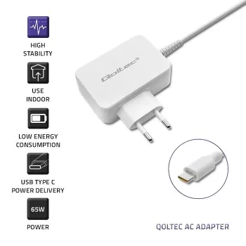 Strāvas adapteris QOLTEC 51039 65W maiņstrāvas–līdzstrāvas 220–240V 20.3V/3.25A Type C balts, 1.7 m vads