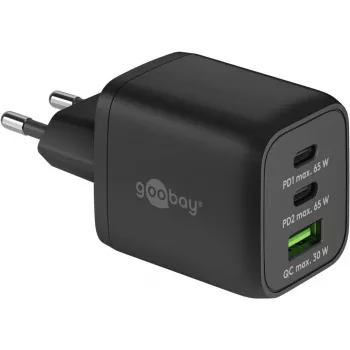 USB-C ātrlādētājs Nano, PD, GaN, 65 W, pīts USB-C kabelis (melns, 1x USB-A, 2x USB-C PD, Quick Charge 3.0, 1 m)