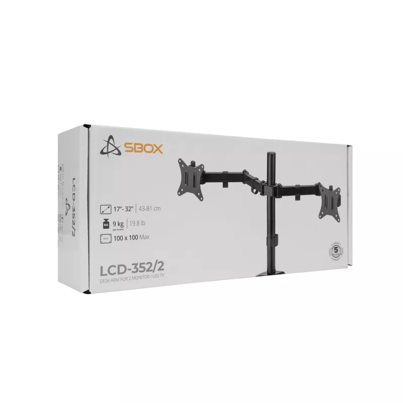 Sienas stiprinājums monitoriem SBOX LCD-352/2-2, divas rokas, 13–32 collas, 2×8 kg, VESA 100×100