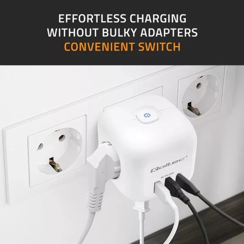 Pagarinātājs QOLTEC 52548 ar 3×AC kontaktligzdām un USB portu
