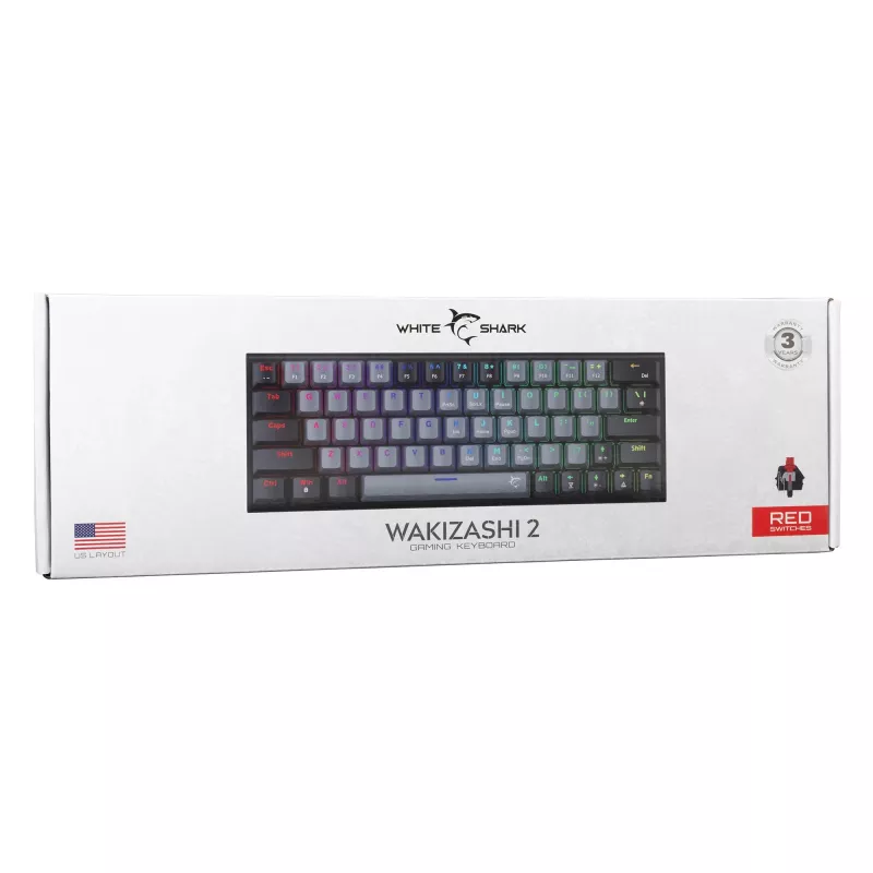 Mehāniskā spēļu tastatūra White Shark WAKIZASHI-2 US izkārtojums pelēki-melna ar sarkanajiem slēdžiem