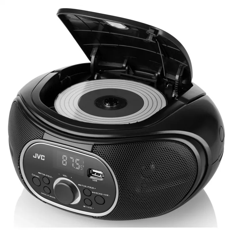 Portatīvais CD atskaņotājs JVC RD‑E221B — melns, CD/MP3, kasešu magnetofons, USB atskaņošana, FM radio, AUX, baterija/tīkla barošana