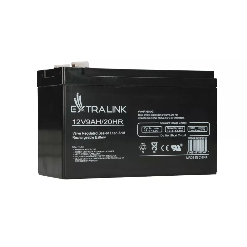 Noslēgts svina-skābes (VRLA) akumulators 12V 9Ah Extralink – AGM, 1 gab., Melns