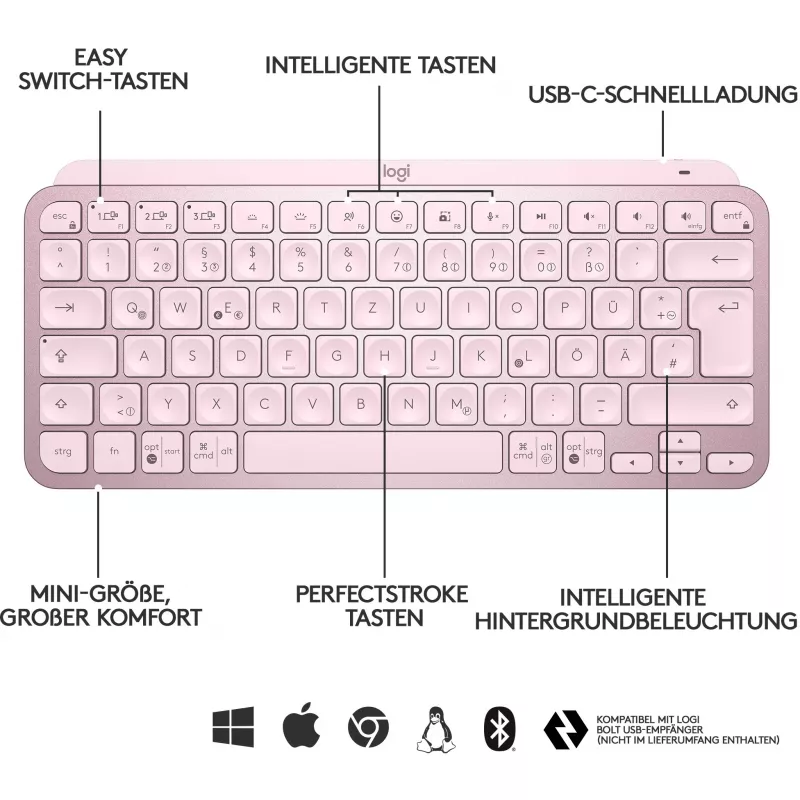 Logitech MX Keys Mini Minimālistiska bezvadu apgaismota tastatūra - ROZĀ - CENTRAL (DE)