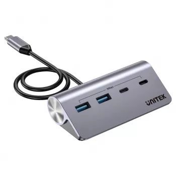 USB centrmezgls Unitek H1337AGY01 — 4 porti (2×USB-C, 2×USB-A), līdz 5 Gbps, alumīnijs, sudrabs