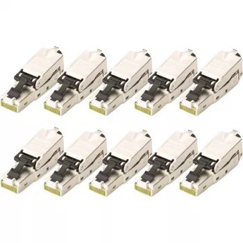 Lauka spraudnis DIGITUS CAT 6A STP RJ-45 vīrietis ar putekļu vāciņu un kabeļa atvieglojumu — 10 gab. iepakojums