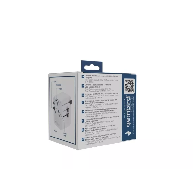Ceļojumu lādētājs GEMBIRD TPA-1A2C20-01-W — 20 W, USB-A (18 W) + 2× USB-C (20 W), E tipa kontaktdakša, balts