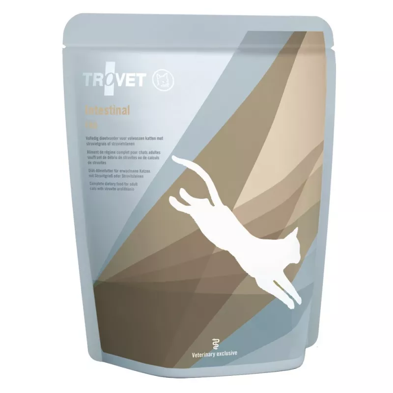 Slapjā kaķu barība TROVET Intestinal FRD 85 g — veterinārā diēta zarnu atbalstam, vista, olbaltumvielas 8%, tauki 5%, mitrums 80%