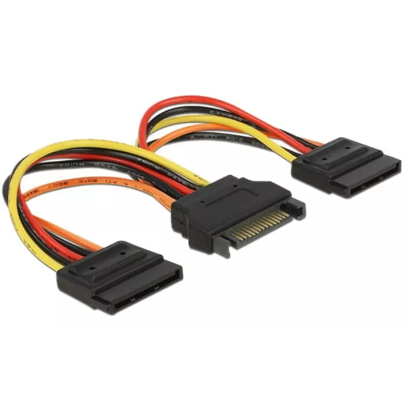DeLOCK 60143 SATA barošanas vads, 15 kontaktu kontaktdakša uz 2x 15 kontaktu ligzdām, 0,15 m