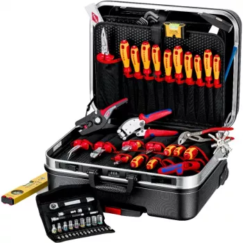 Mehāniķa instrumentu komplekts Knipex 00 21 06 — 68 instrumenti, iekļautas adatknaibles un ūdenssūkņa knaibles, sarkani/dzelteni instrumenti, melna kaste (515×438×265 mm)