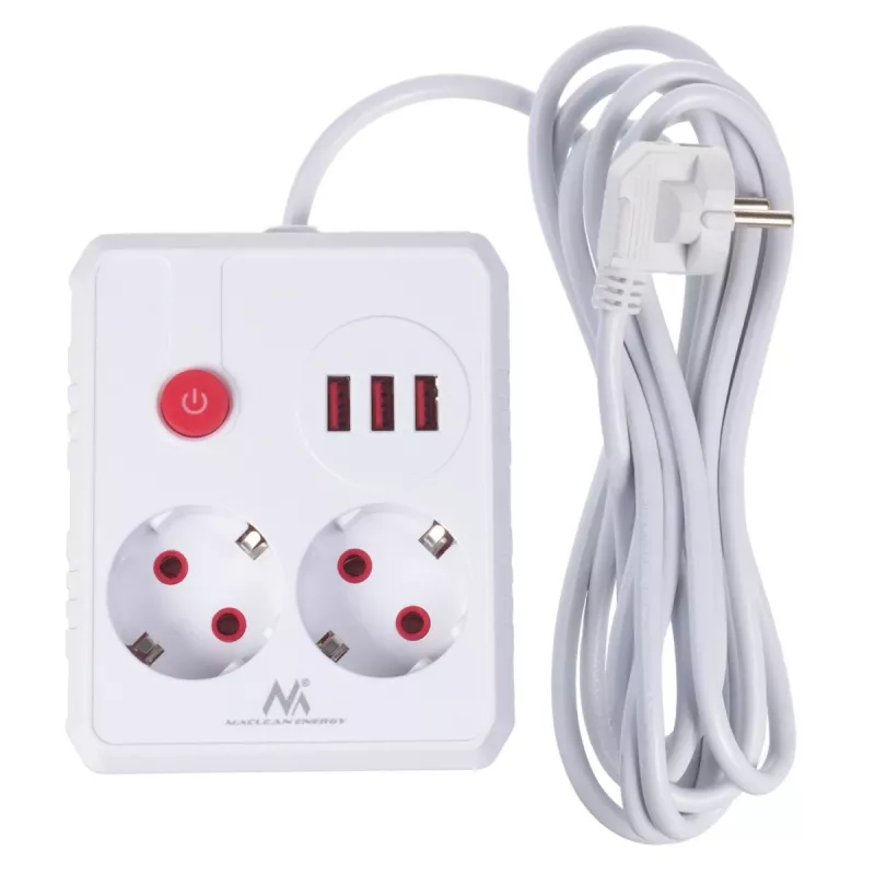 Strāvas sloksne MACLEAN MCE388 W — 2 kontaktligzdas, 3×USB, 110–240V, 2500W, 3 m vads, balta