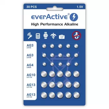Alkālās baterijas everActive AGMIX30BL 1,5V — iepakojums 30 gab., pogas/monētas formas